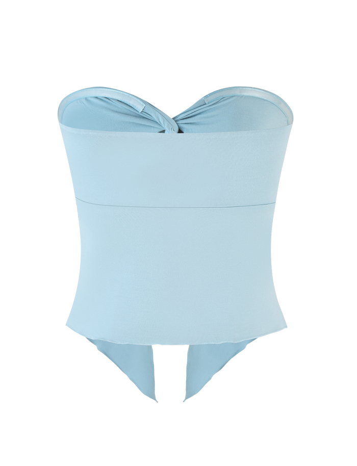 The CHARMAINE TOP by TIGERMIST is a baby blue, strapless piece with a sweetheart neckline, twist chest detail, high-stretch fabric, smooth feel, high-cut leg, and snap closures for comfort and style.