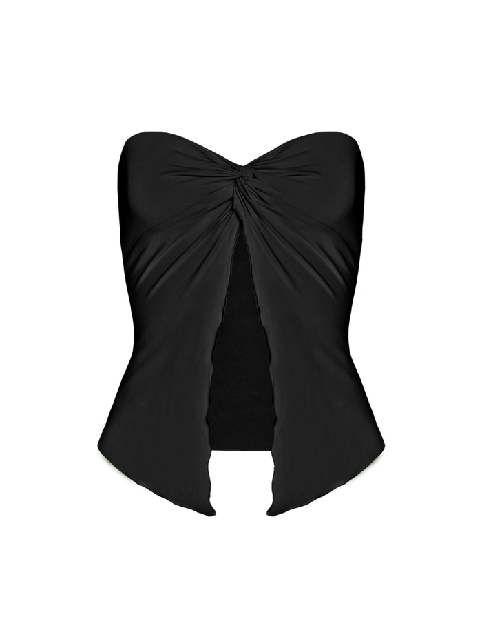 The CHARMAINE TOP - BLACK by TIGERMIST is a strapless, buttery jersey top with a sweetheart neckline, twist detail at the bust, and a front slit that creates two pointed panels at the hem.