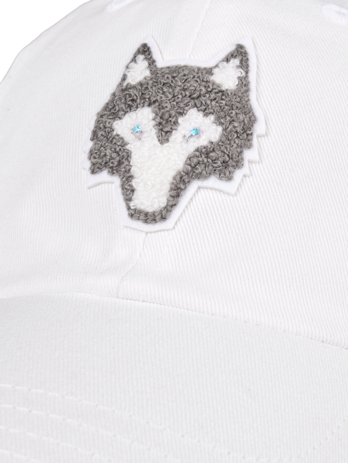 Arctic White Golf Dad Hat - Chenille Wolf Logo Close-Up Detail | Greyson Clothiers