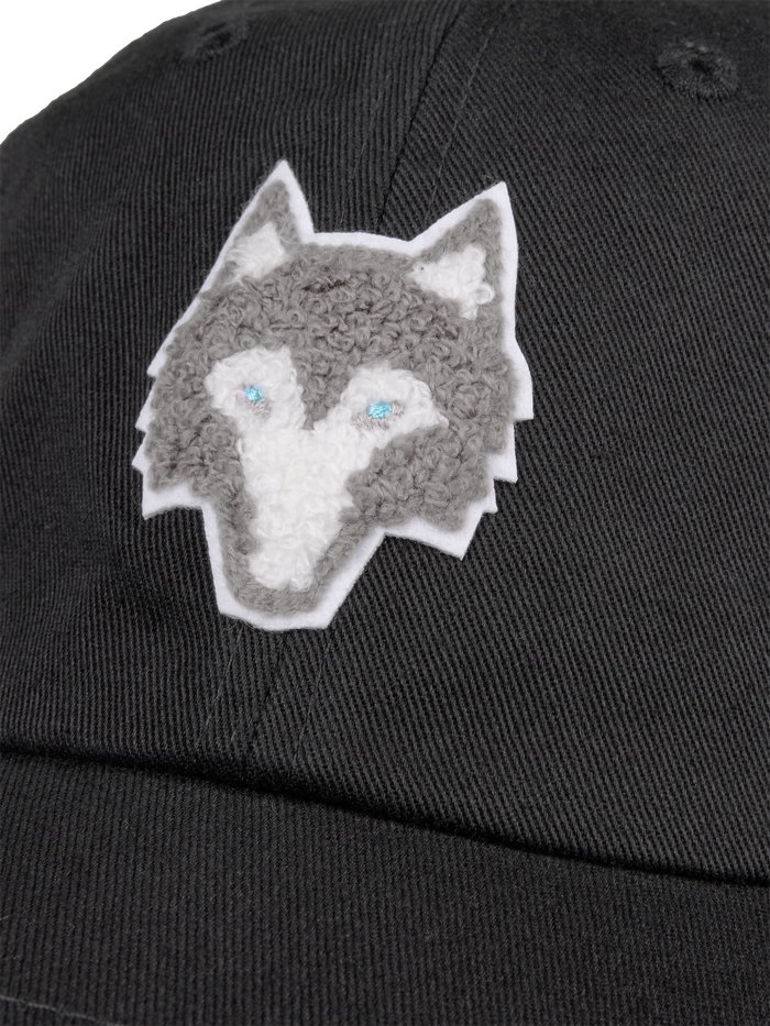 Shepherd Black Golf Dad Hat - Chenille Wolf Logo Close-Up Detail | Greyson Clothiers