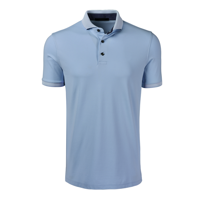 Greyson Clothiers Cherokee Short Sleeve Polo in Cloud Light Blue - Blossom Tipped Collar, Front View | Men's Golf Polo