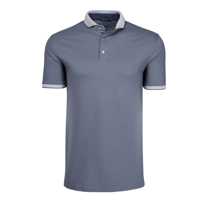 Greyson Clothiers Cherokee Short Sleeve Polo in Shadow Grey - Yarn Knit Collar, Front View | Men's Golf Polo