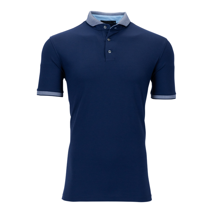 Greyson Clothiers Cherokee Short Sleeve Polo in Vintage Indigo Navy - Tipped Cuffs, Front View | Premium Golf Polo