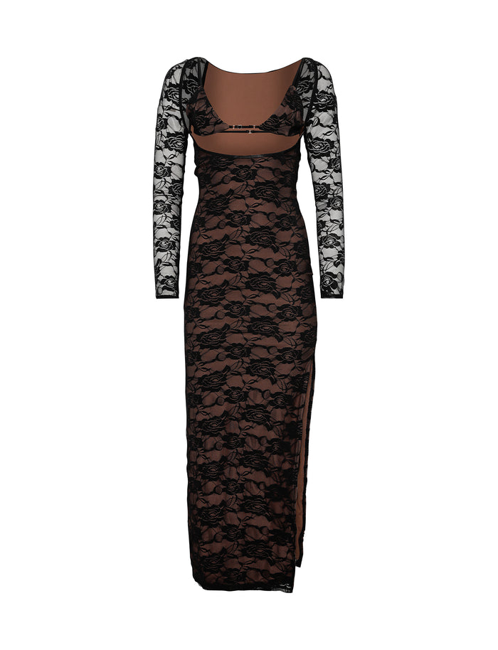 The CHRISTY LACE L/S MAXI DRESS - BLACK by TIGERMIST is a long-sleeved, floor-length dress made of black lace with a sheer bodice and lining. Featuring a cutout design at the waist and a high slit on one side, it creates an elegant and sophisticated look.