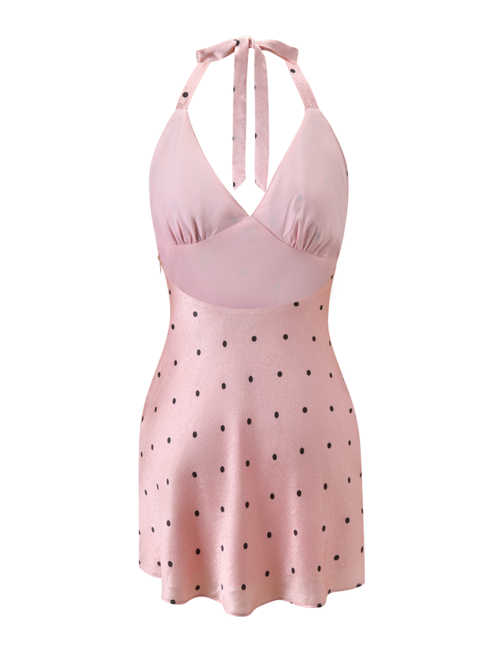 The TIGERMIST CINCIE MINI DRESS - PINK DOT is a pink satin halter-neck dress with a fitted bodice, flared polka dot skirt, and V-neckline, shown against a plain white background.
