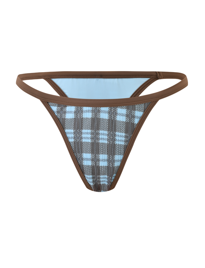 The TIGERMIST CITRINE BIKINI BOTTOM - BLUE CHECK features a low-rise blue and black plaid design with brown waistband and trim, shown on a plain white background.
