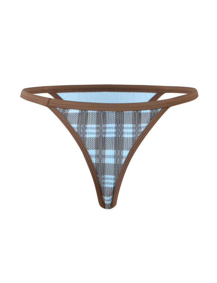 The TIGERMIST CITRINE BIKINI BOTTOM - BLUE CHECK is a low-rise bikini bottom featuring a playful blue and brown checkered pattern with brown trim.