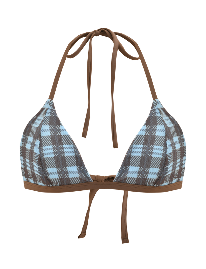 The TIGERMIST CITRINE BIKINI TOP - BLUE CHECK features blue plaid fabric with solid brown contrast straps. This adjustable halter bikini ties at the neck and back for a custom fit. Shown on a white background.