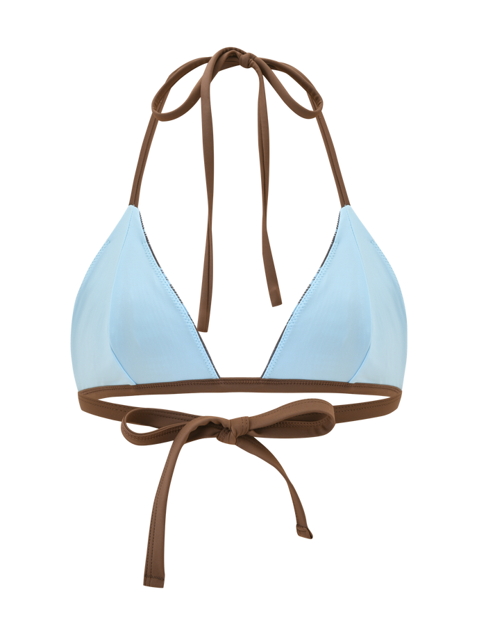 The TIGERMIST CITRINE BIKINI TOP - BLUE CHECK features light blue plaid with solid brown adjustable halter straps, tying at the neck and back. Shown on a plain white background.