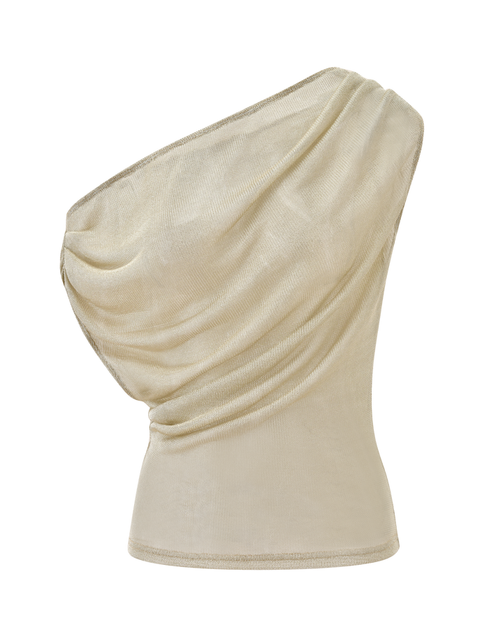 The CLANCY TOP - GOLD by TIGERMIST is a gold, sleeveless one-shoulder top with a draped neckline and ruched fabric detail, displayed on a plain white background.
