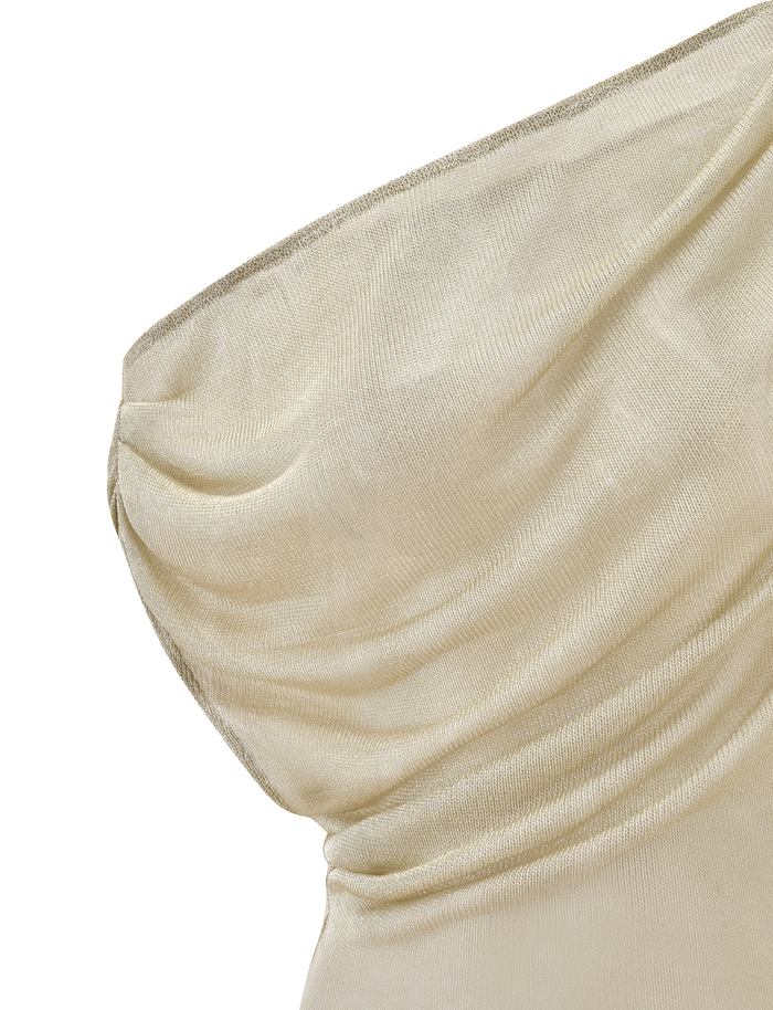 Close-up of the CLANCY TOP in gold by TIGERMIST, featuring a one-shoulder design, draped neckline, and ruched textured fabric. The slightly shimmery material enhances its elegance against a plain white background.
