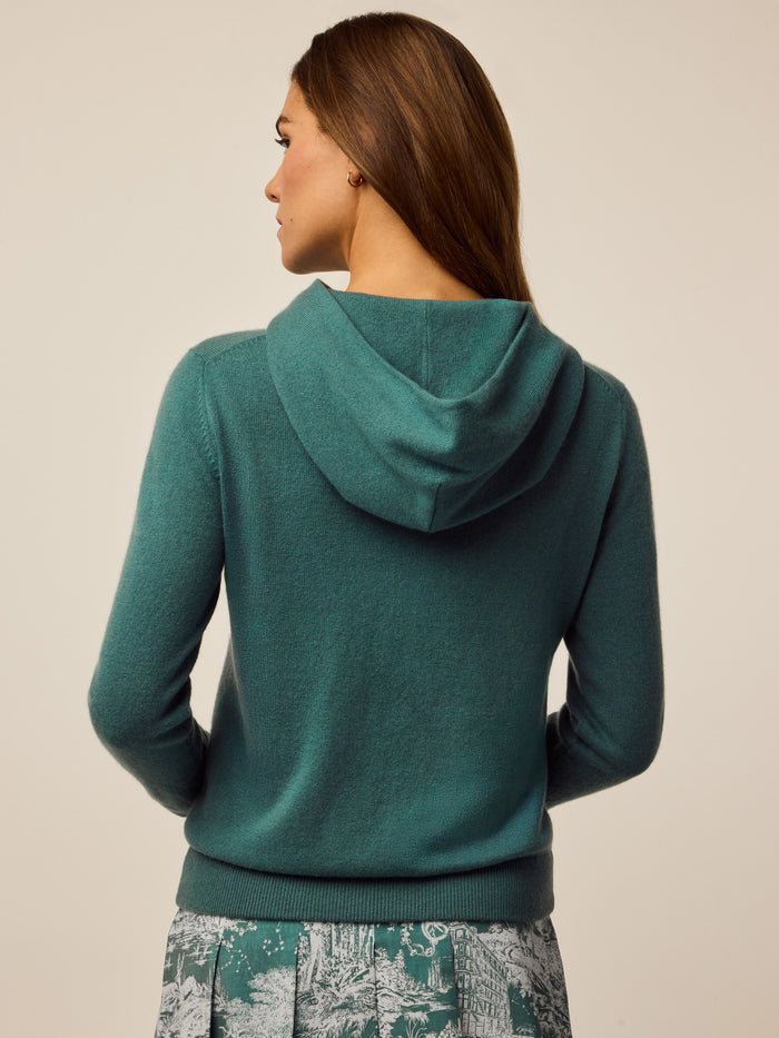 Greyson Clothiers Classic Koko Hoodie in Marsh - Back View Showing Double-Face Hood, Women's Wool Sweater