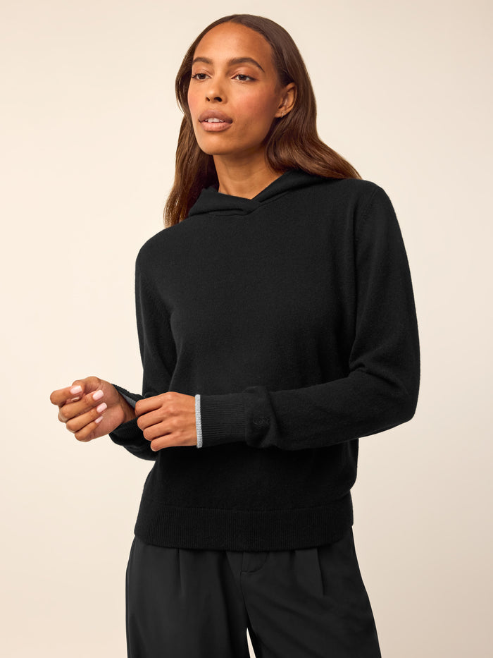 Greyson Clothiers Classic Koko Hoodie - Black Women's Cashmere Hoodie, Front View with Contrast Cuff Detail