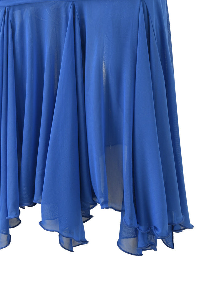A close-up of the TIGERMIST CLEA MIDI SKIRT in cobalt, featuring lightweight, sheer fabric with draped, layered panels and wavy, asymmetrical hems.