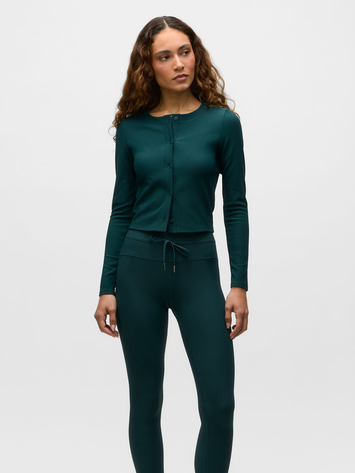Agate Cleo Cropped Cardigan - Front On Model, Styled with Matching Leggings | Greyson Clothiers