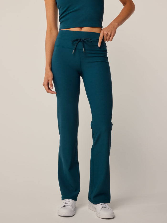 Aegean Cleo Flare Legging - Front Three-Quarter View, Drawstring High-Rise Waist | Greyson Clothiers