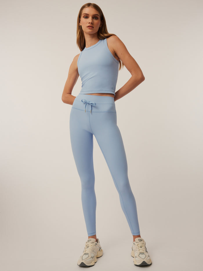 Wolf Blue Cleo Legging - On-Model Lifestyle Front View, High-Waist Drawstring | Greyson Clothiers