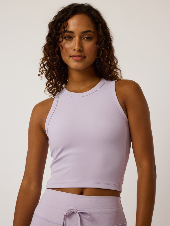 Cleo Tank Top in Agate - Front View, Ribbed High-Neck Cropped Tank, Women's Performance Activewear | Greyson Clothiers