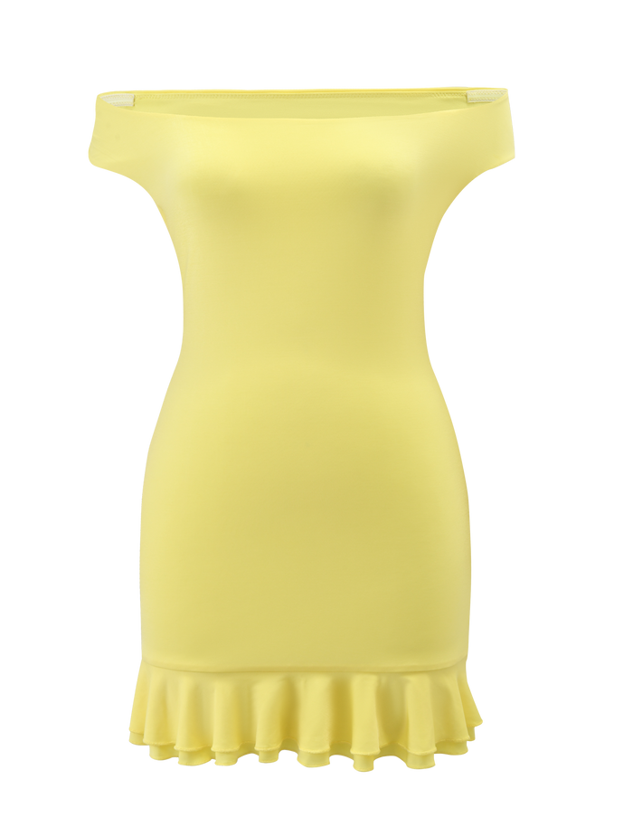 The CLIA MINI DRESS - LEMON by TIGERMIST is a fitted yellow mini dress with a frill hemline and off-the-shoulder design, shown against a plain background.
