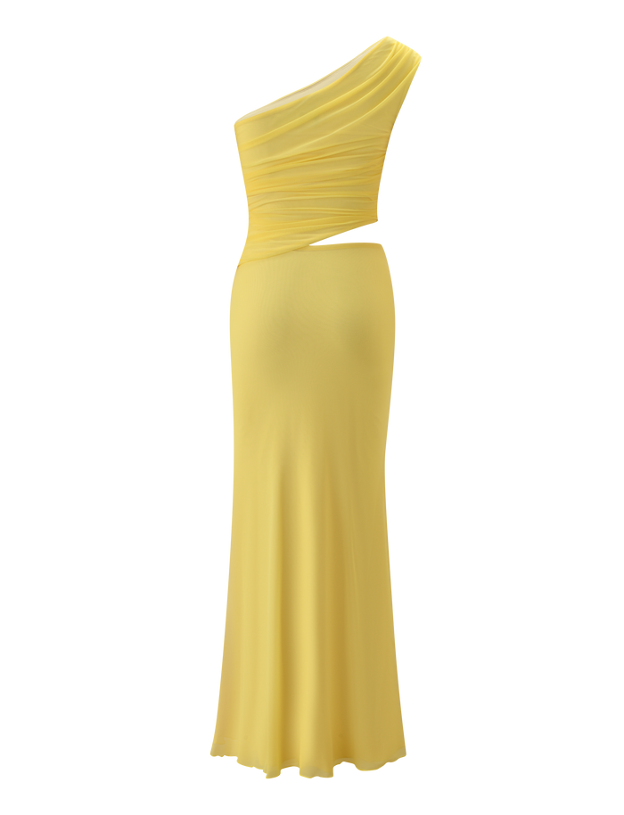 The TIGERMIST COBI 2.0 MAXI DRESS in butter yellow features an elegant asymmetrical design with a flowing skirt, fitted waist, ruched bodice, and a stylish one-shoulder neckline.