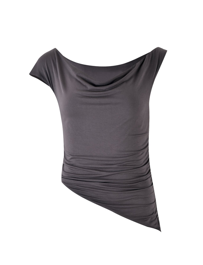 Introducing the COBI Jersey Tank from TIGERMIST in a sophisticated steel grey shade. This stylish crop top features an off-the-shoulder design with a draped neckline and asymmetrical hem, combining elegance with a modern, fitted silhouette. Made from smooth, slightly shiny fabric, this piece is perfect for a night out or any formal occasion.