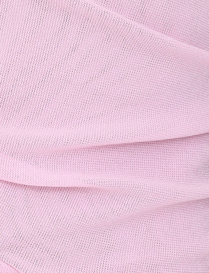 Close-up of TIGERMIST COBI MINI DRESS 2.0 in Baby Pink: soft, sheer, textured fabric with gentle folds and horizontal layers—perfect for a delicate, feminine look. Material appears light, slightly transparent, and ideal for this dress style.