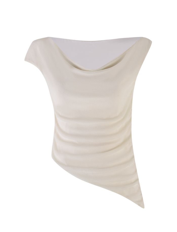 The COBI TANK - WHITE : CREAM by TIGERMIST is an off-white, sleeveless top with a draped neckline and slanted hem. Made from lightweight shimmer jersey, it features a textured finish for an elegant, asymmetrical look.