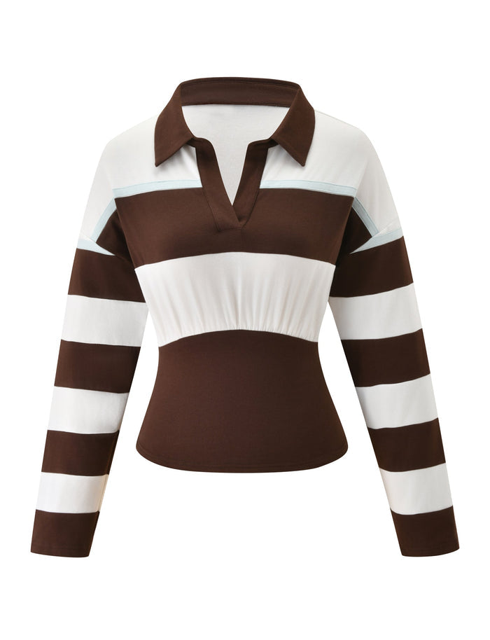 The COLLINS RUGBY TOP by TIGERMIST features a long-sleeve design with chocolate and white horizontal stripes, a polo collar, deep V-neckline, and a fitted waist.