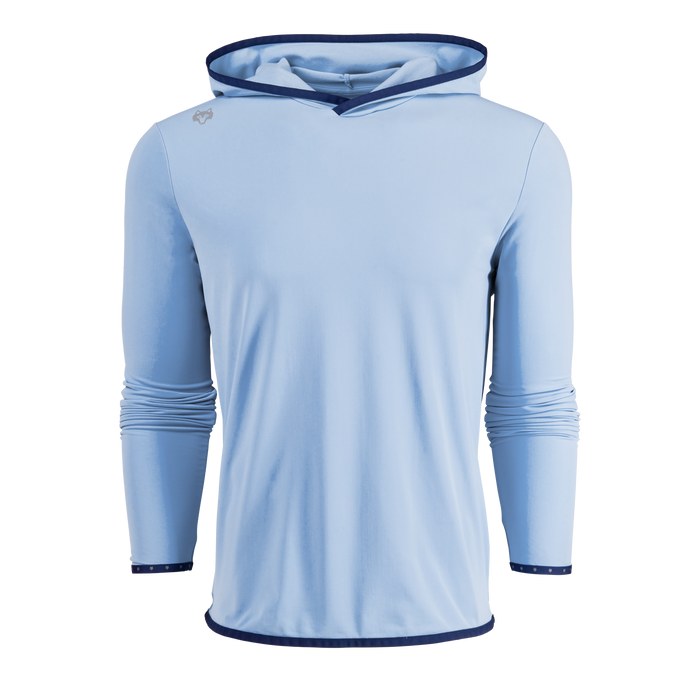 Moonstone Blue Greyson Colorado Hoodie - Front View, Elasticated Sleeves & Navy Trim | Greyson Clothiers