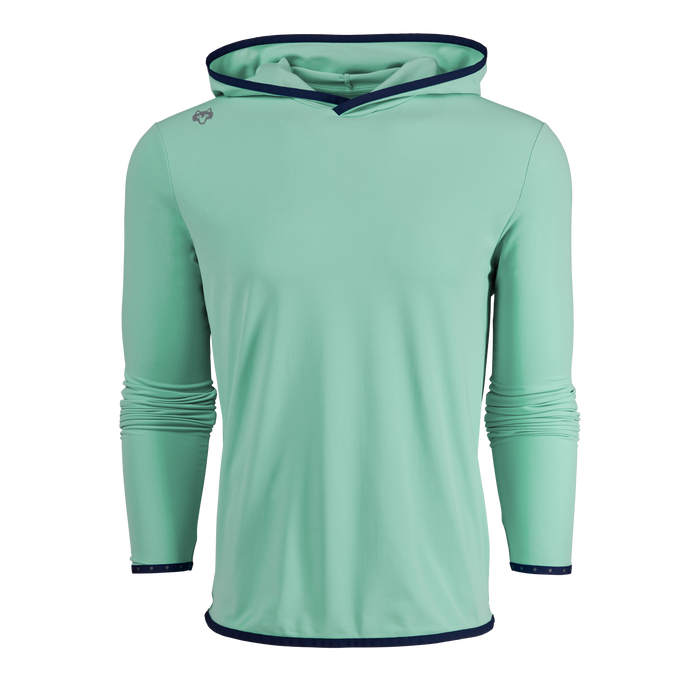 Grove Mint Greyson Colorado Hoodie - Front View, Funnel Hood & Navy Contrast Hem | Greyson Clothiers