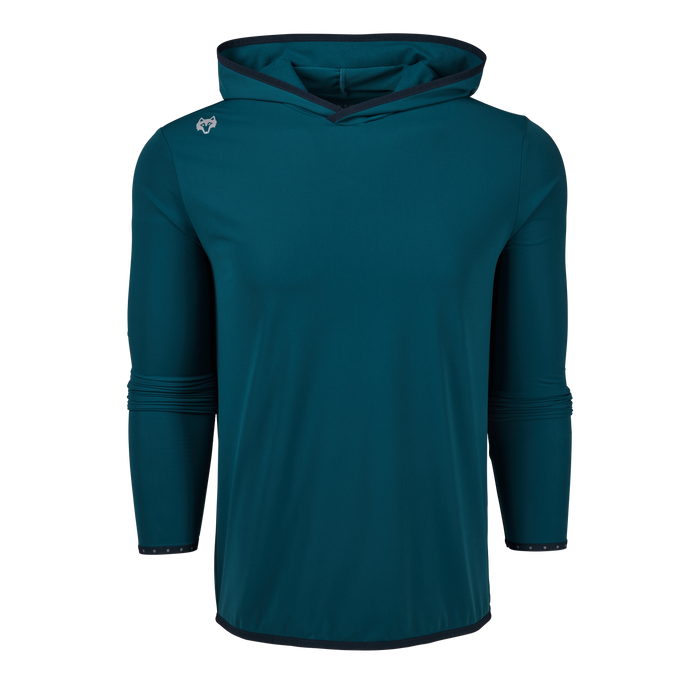 Heron Teal Greyson Colorado Hoodie - Front View, Funnel Neck & Wolf Logo Detail | Greyson Clothiers