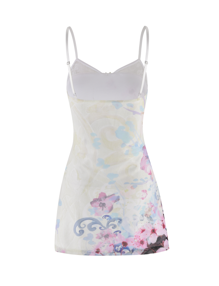 The TIGERMIST COLSON MESH MINI DRESS - MULTI features a sleeveless, fitted silhouette with thin straps, pastel cherry blossom floral print in pink, blue, and purple, lace panels, and a subtle swirl design on a light mesh fabric.