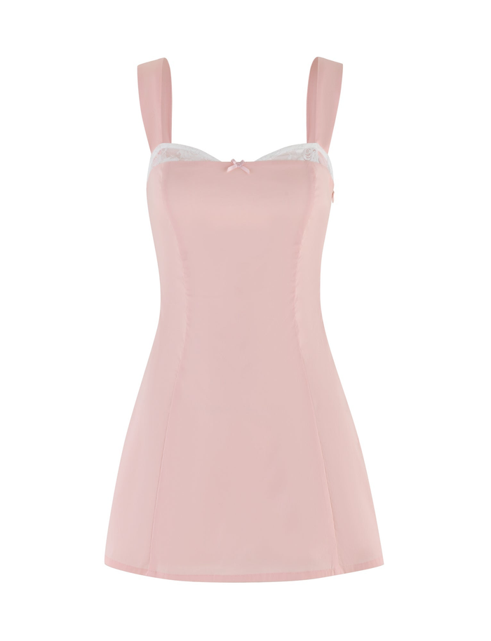 The TIGERMIST COLSON MINI DRESS in baby pink features wide straps, a fitted bodice with lace neckline trim and center bow, plus a smooth, slightly flared skirt for a simple yet elegant look.