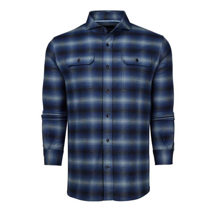 Maltese Blue Copake Shadow Plaid Work Shirt - Front View, mens shadow plaid flannel shirt with spread collar | Greyson Clothiers
