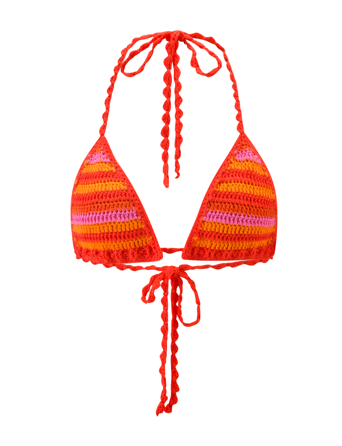 The TIGERMIST CORA BIKINI TOP 2.0 - SUNSET TROPICAL STRIPE is a crochet bikini top with red, orange, and pink stripes, featuring a halter neck, tie-back closure, and braided straps.