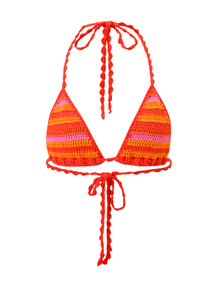 The CORA BIKINI TOP 2.0 - SUNSET TROPICAL STRIPE by TIGERMIST is a crochet bikini top with braided ties, showcasing vibrant orange, pink, and red stripes on a plain white background.
