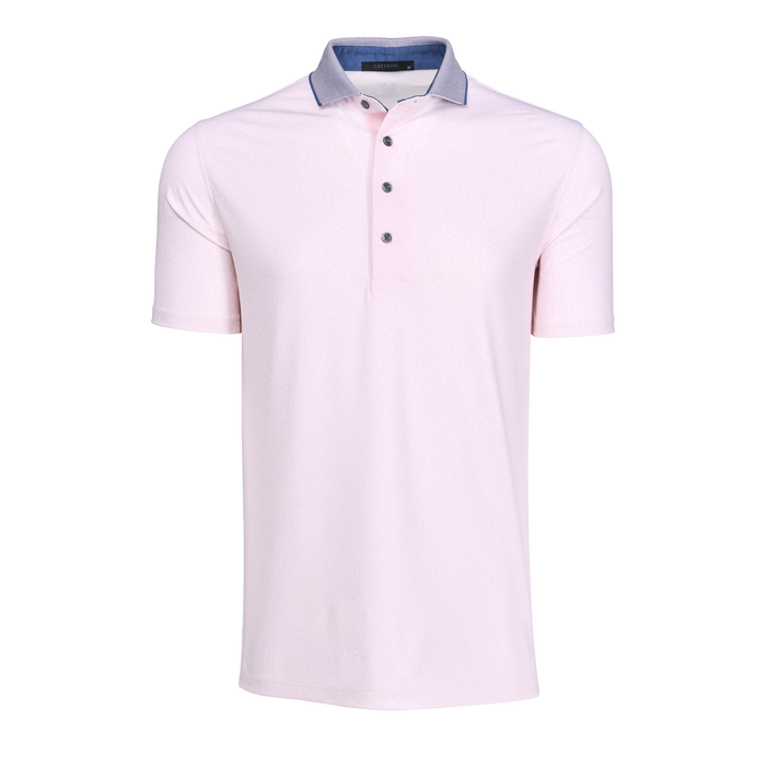 Pink Men's Golf Polo with Blue Contrast Collar - Front View | Greyson Clothiers