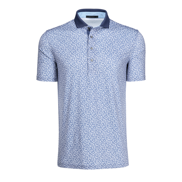 Blue Floral Printed Performance Men's Golf Polo, Contrast Collar - Front View | Greyson Clothiers