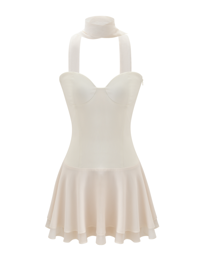 The CORDELIE MINI DRESS by TIGERMIST is a cream, sleeveless chiffon mini dress featuring a corseted bodice, flared skirt, and a matching sheer scarf draped around the neck, shown on a plain white background.