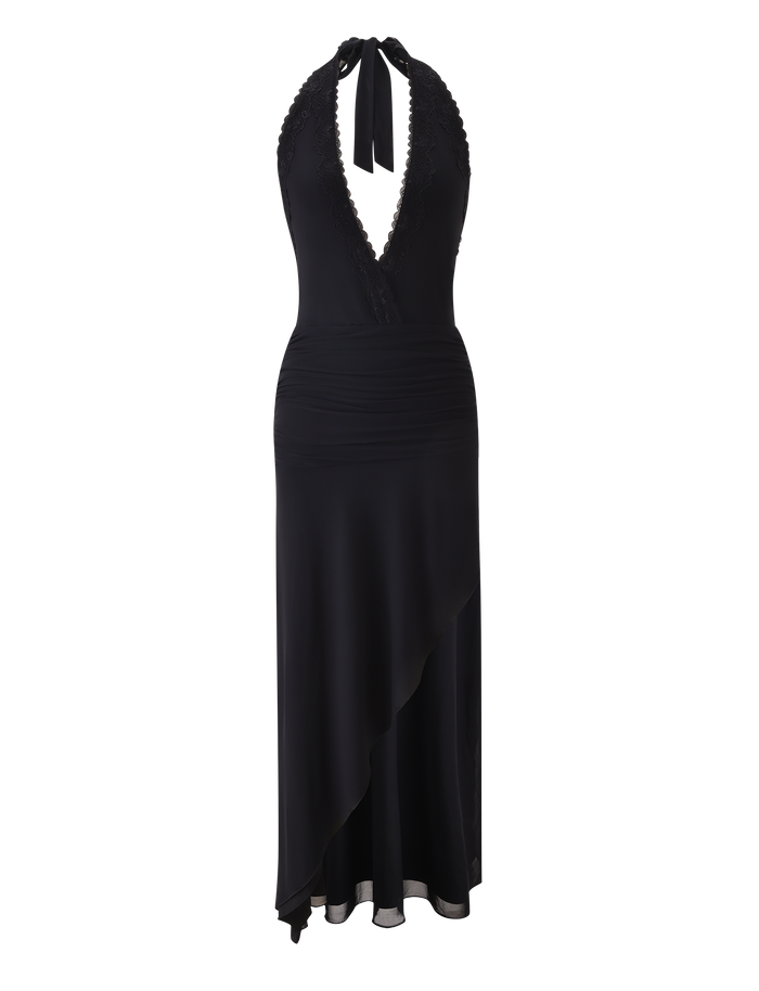 The CORELLE DRESS - BLACK by TIGERMIST is a sleeveless, backless maxi dress featuring a halter neck, deep V-neckline, ruched bodice, and asymmetrical hem—an elegant choice for making a statement.