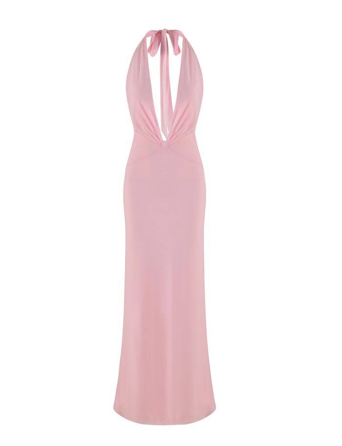 The CRESSIDA MAXI DRESS by TIGERMIST features a sleeveless halter neck, plunging neckline, and fitted silhouette in elegant baby pink for a sophisticated look.