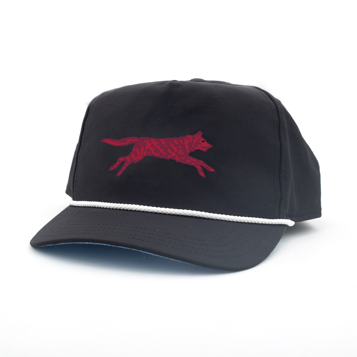 Greyson Crimson Wolf Rope Hat in Shepherd - Black Nylon Flat Brim, White Rope Detail, 3/4 View | Greyson Clothiers