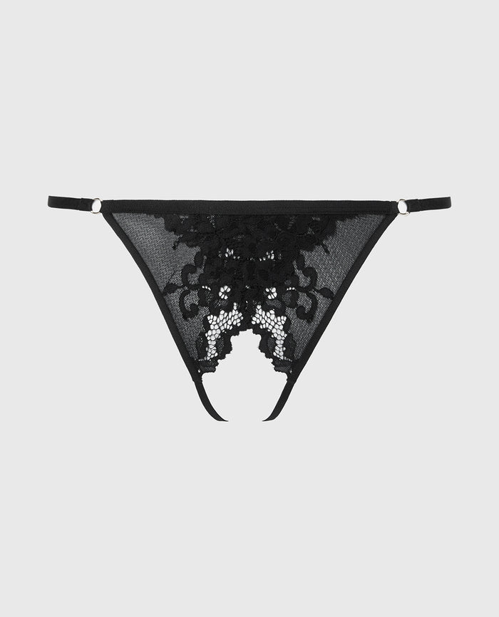 Crotchless G-String with Romantic Lace in Tuxedo Black