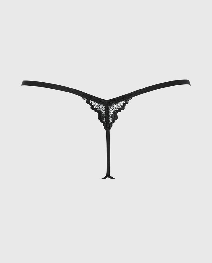 Crotchless G-String with Romantic Lace in Tuxedo Black