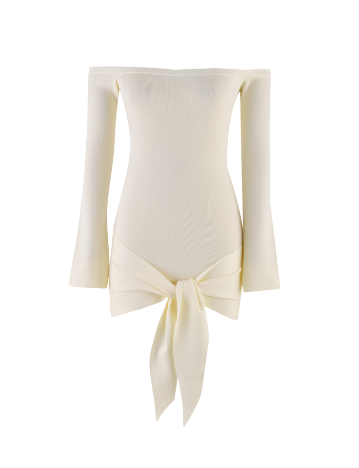 The TIGERMIST CYPRESS DRESS in Cream features an off-the-shoulder, long-sleeve design with flared sleeves and a large knotted sash at the waist, made from stretchy fabric for a flattering fit. Displayed on a white background.