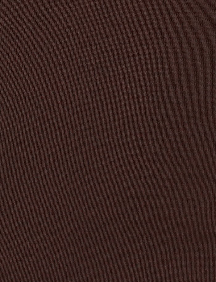 Close-up of TIGERMIST's CYPRESS MINI DRESS - BROWN : CHOCOLATE, featuring a soft, finely ribbed chocolate brown fabric with vertical lines and a smooth, consistent texture.