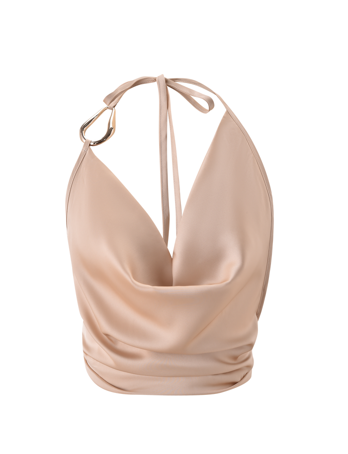 The TIGERMIST CYRENE SATIN COWL TOP in gold features a light beige satin fabric, deep cowl neckline, open back, adjustable halter neck strap, and a gold metal ring detail. Soft draping enhances the front.