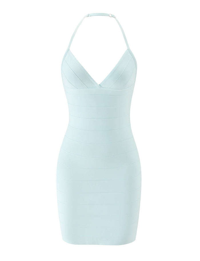 The DALIA BANDAGE MINI DRESS by TIGERMIST is a mint blue, sleeveless mini dress featuring a halter neckline and a V-shaped bust. Designed in a fitted, bandage style that sits above the knee, this dress is perfect for the beach club. It features a clean look with no additional decorations or patterns.