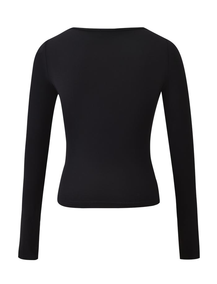 The DAMELA LONG SLEEVE TOP by TIGERMIST features a fitted silhouette, simple crew neckline, and is shown from the back in black on a white background. Ideal for layering over a lace bandeau for stylish versatility.