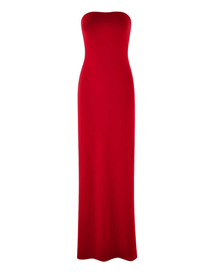 The DANIELA DRESS - RED by TIGERMIST is a strapless, floor-length maxi dress with a fitted silhouette, crafted from soft jersey, shown against a plain white background.